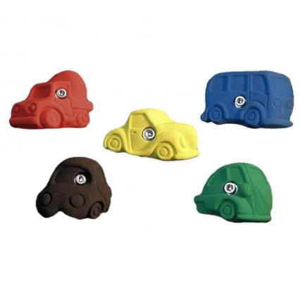 Hochqualitative Kinderklettergriffe in Autoformen, verschiedene Farben. Für Schule und Kindergarten.