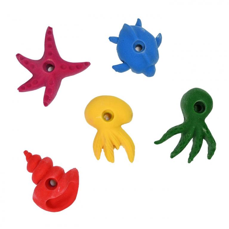 Klettergriffe für Kinder und Erwachsene in verschiedenen Farben und Formen.