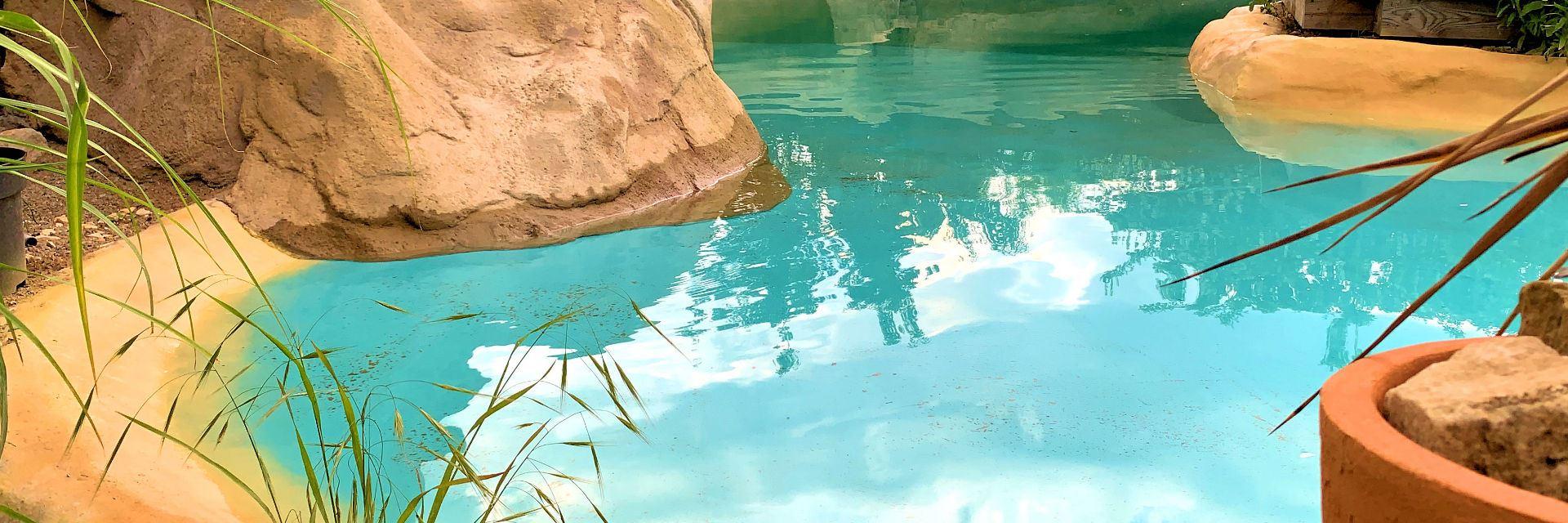 Qualitativ hochwertige Kunstfelsen für Schwimmbad. Auch als Kletterfelsen mit Griffen möglich.